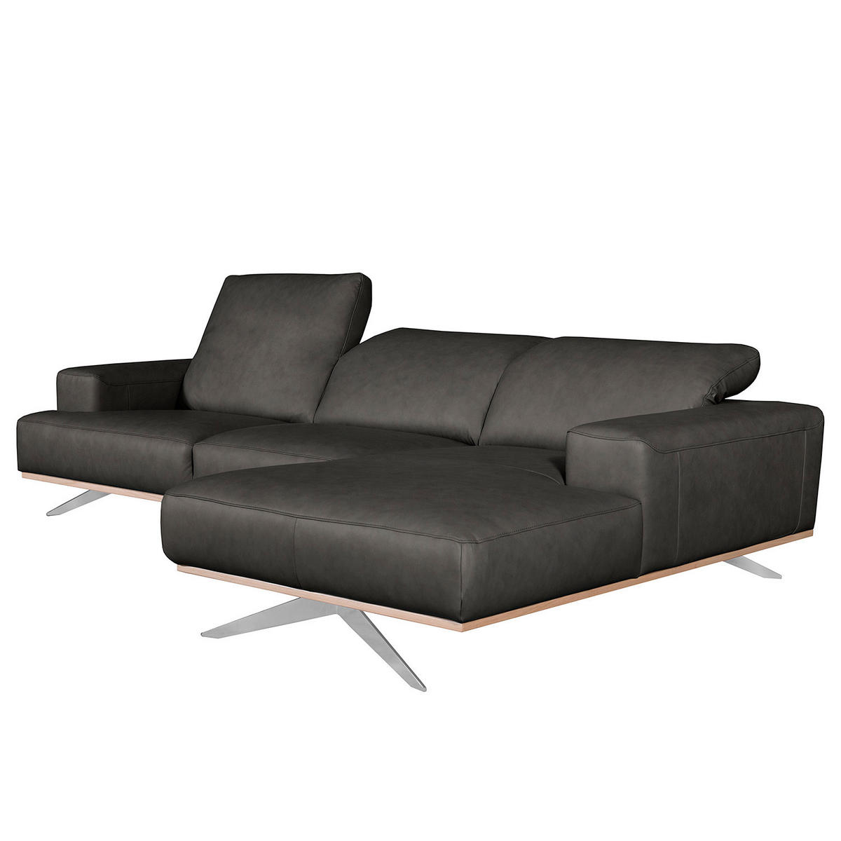 ECKSOFA  in Echtleder Schwarz  295/187 cm  - Chromfarben/Schwarz, Design, Leder/Metall (295/187cm) - Livetastic
