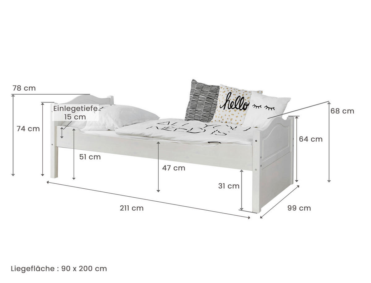 STAURAUMBETT 90/200 cm  in Weiß  - Weiß/Naturfarben, MODERN, Holz (90/200cm) - MID.YOU