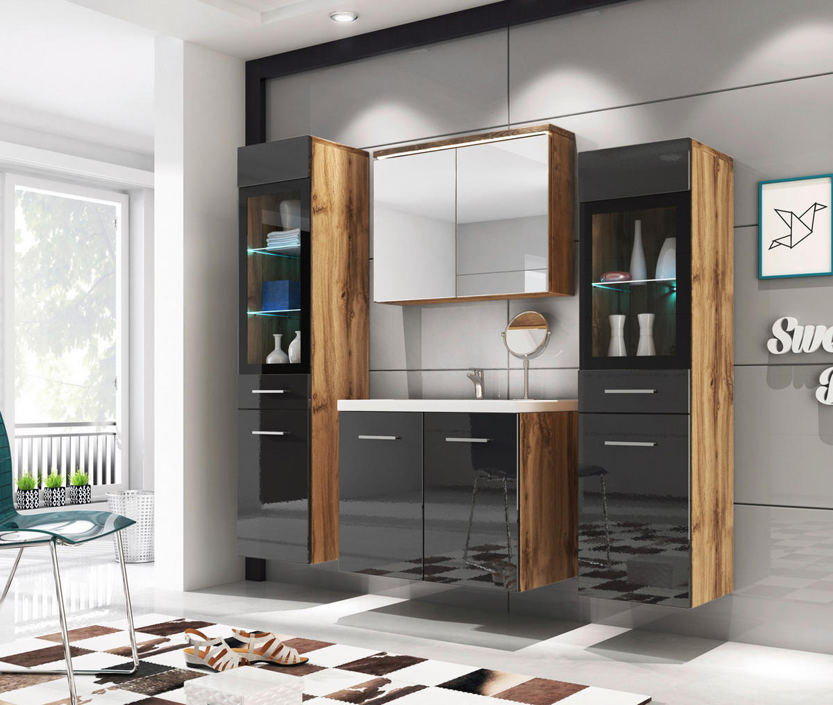 BADEZIMMER 5-teilig  in 120 cm  - Schwarz Hochglanz/Eiche Wotan, Basics, Glas/Holzwerkstoff (120cm) - P & B