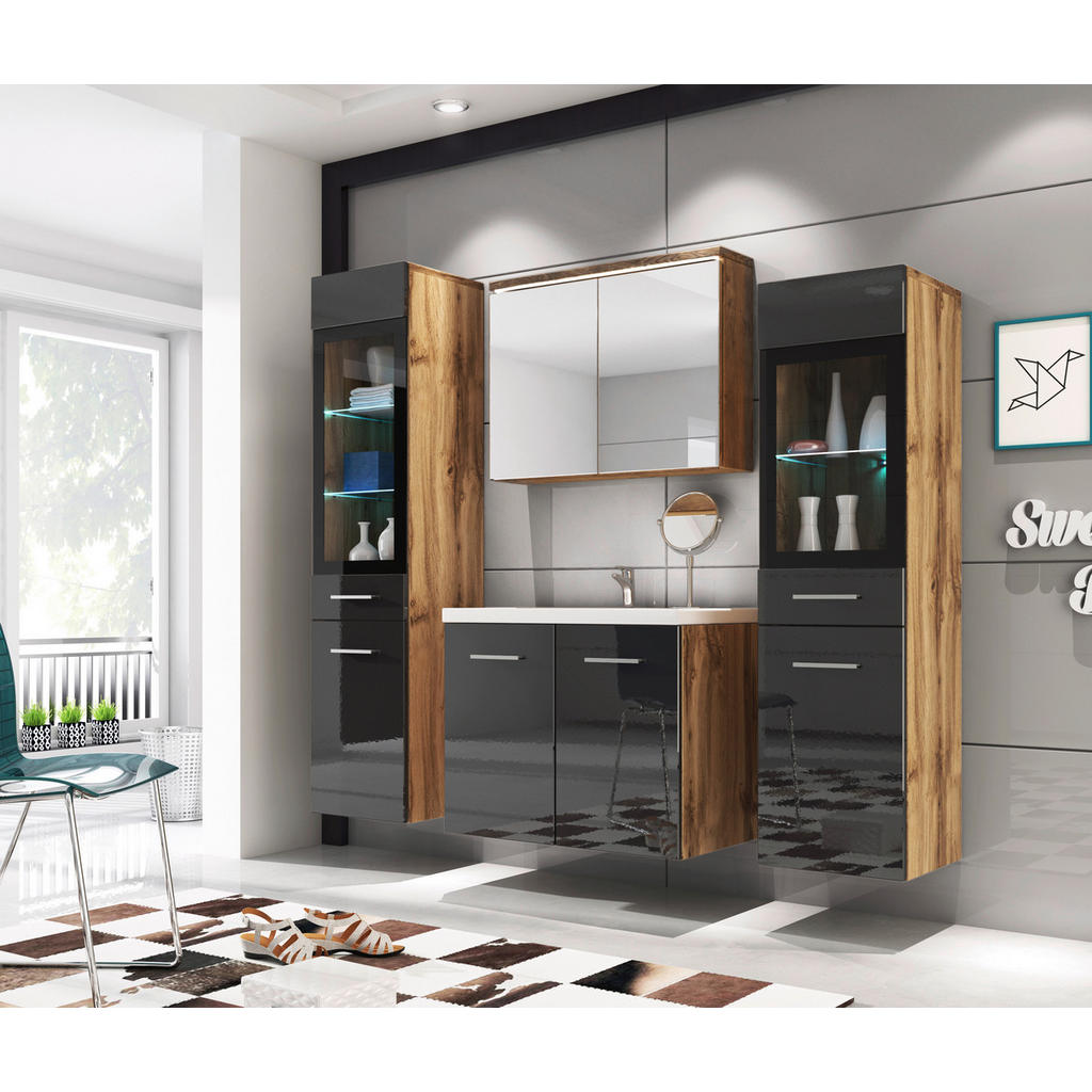 Badmöbel-set 5-tlg. Inkl. Led Madrit Eiche Dekor/schwarz Hg