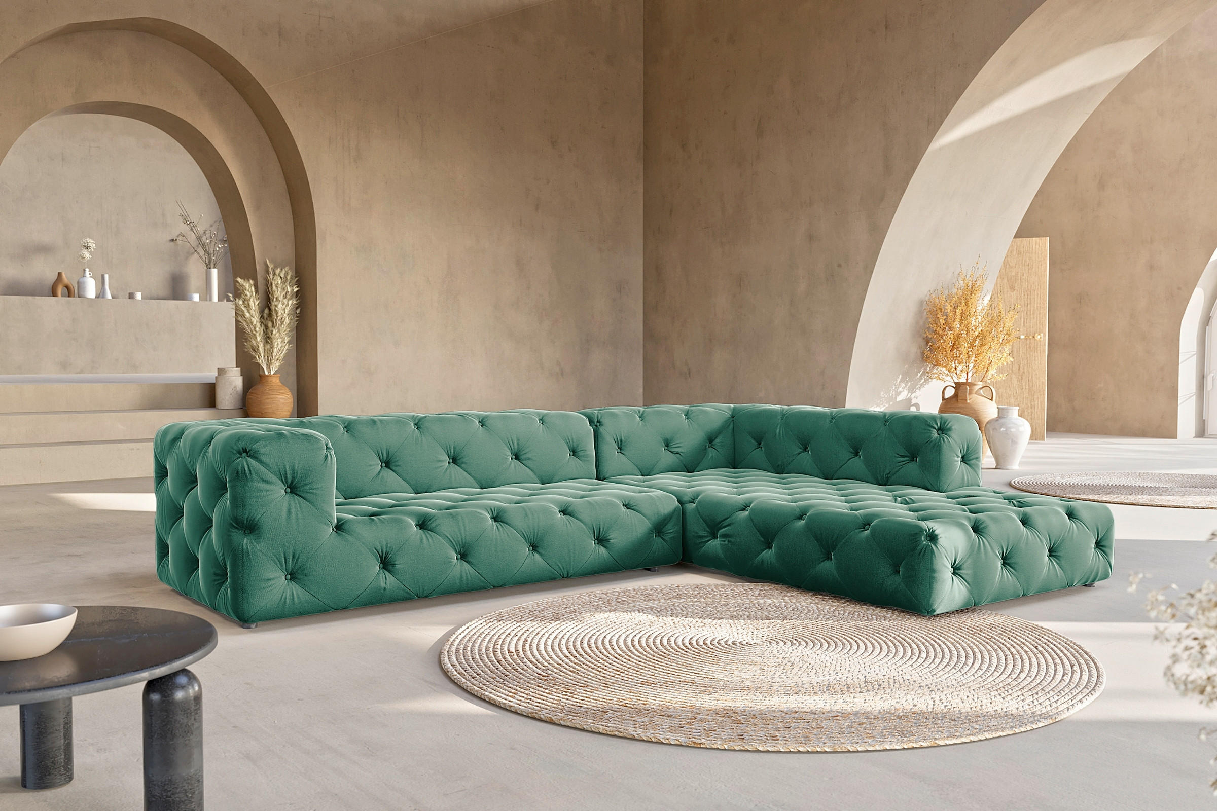 ECKSOFA Fresco in Samt Dunkelgrün  325/228 cm  - Dunkelgrün/Schwarz, Design, Kunststoff/Textil (325/228cm) - P & B