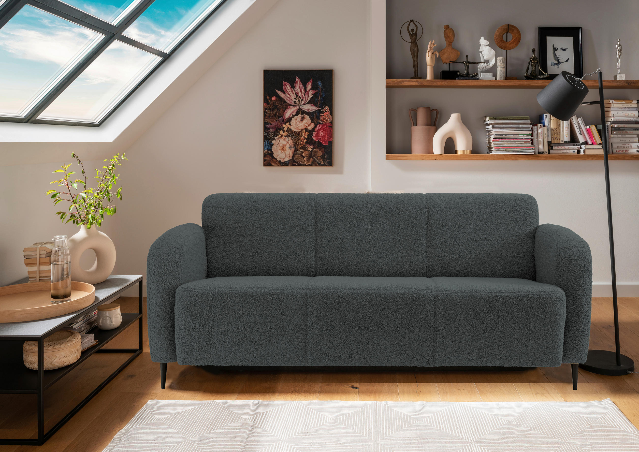 3-SITZER-SOFA in Teddystoff Anthrazit  - Anthrazit/Schwarz, Modern, Textil/Metall (180/76/90cm) - Livetastic