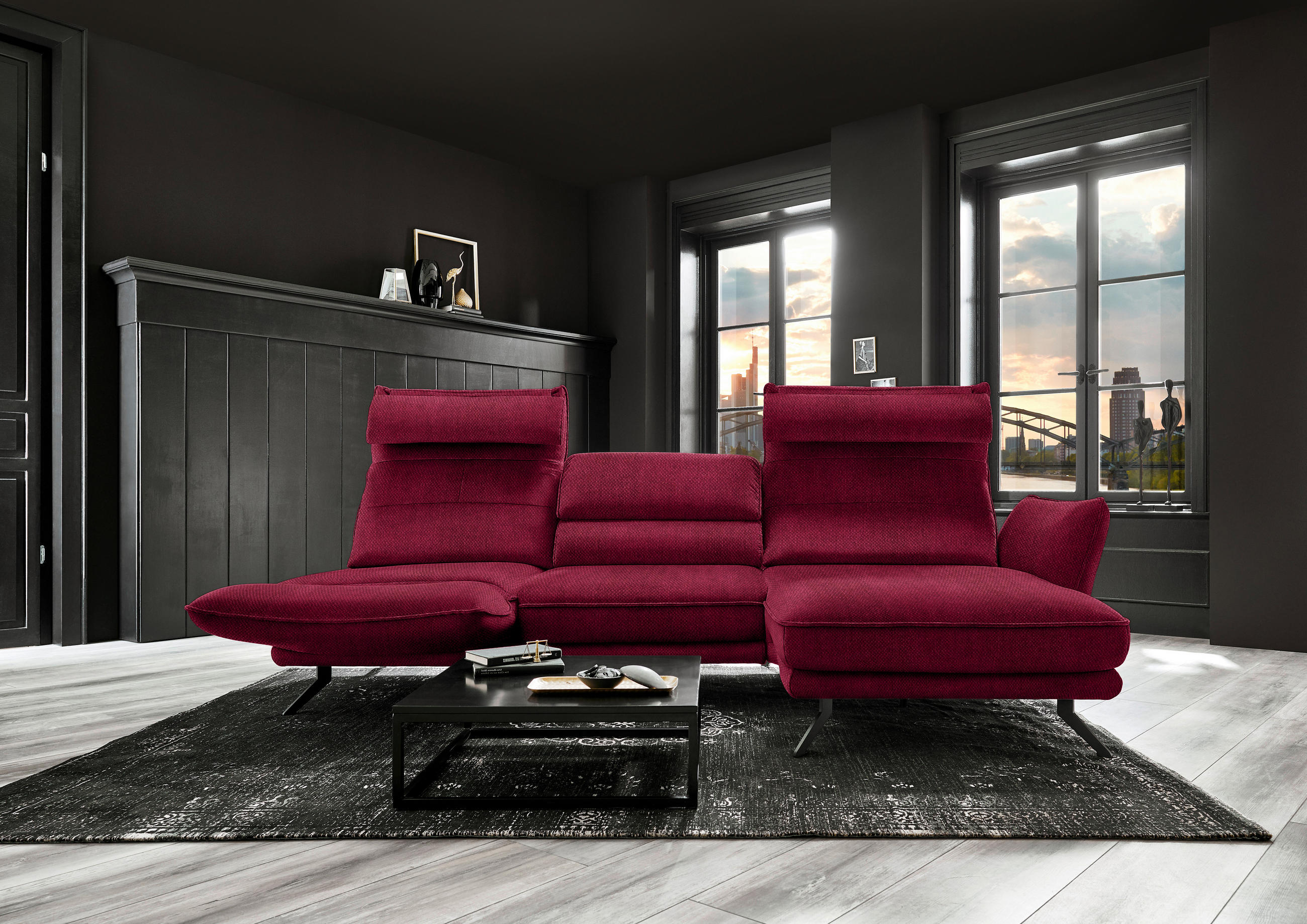 ECKSOFA in Velours Rot  - Rot/Schwarz, Design, Textil/Metall (283/153cm) - Valdera