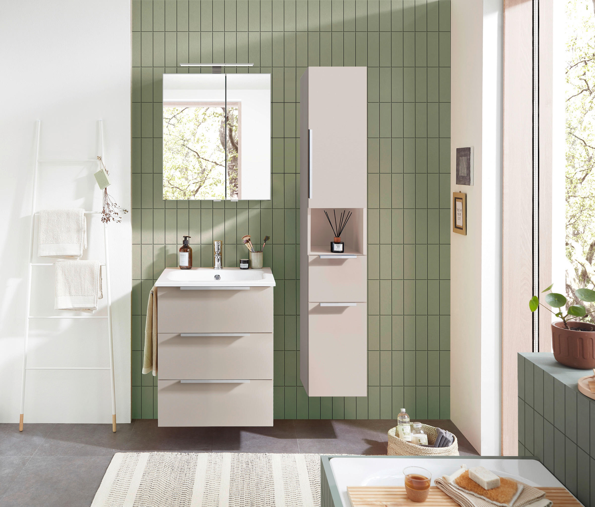 MOSDÓSZEKRÉNY MOSDÓVAL 61/73,5/46,5 cm  - kasmírszínű/alumíniumszínű, Basics, faalapú anyag/kerámia (61/73,5/46,5cm) - Sadena