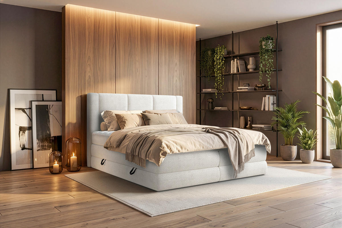 BOXSPRINGBETT 180/200 cm,  in Creme, Weiß, gepolstertes Kopfteil, Bettkasten, Topper, Wendematratze mit unterschiedlichen Härtegraden, H2 + H3 = mittel + fest  - Creme/Schwarz, Design, Kunststoff/Textil (180/200cm) - Esposa