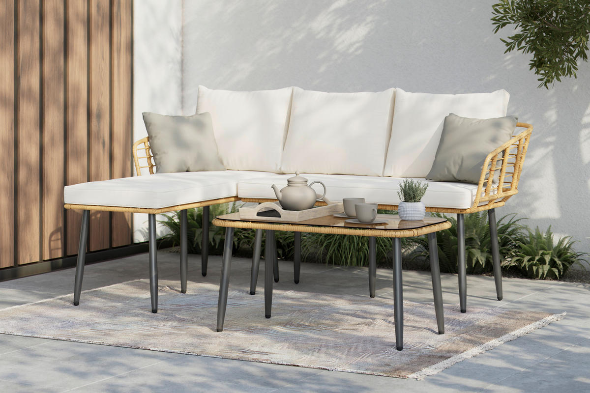 LOUNGEGARNITUR 3-teilig   187/67/65 cm Eisen  - Beige/Naturfarben, MODERN, Glas/Kunststoff (187/67/65cm) - Ambia Garden