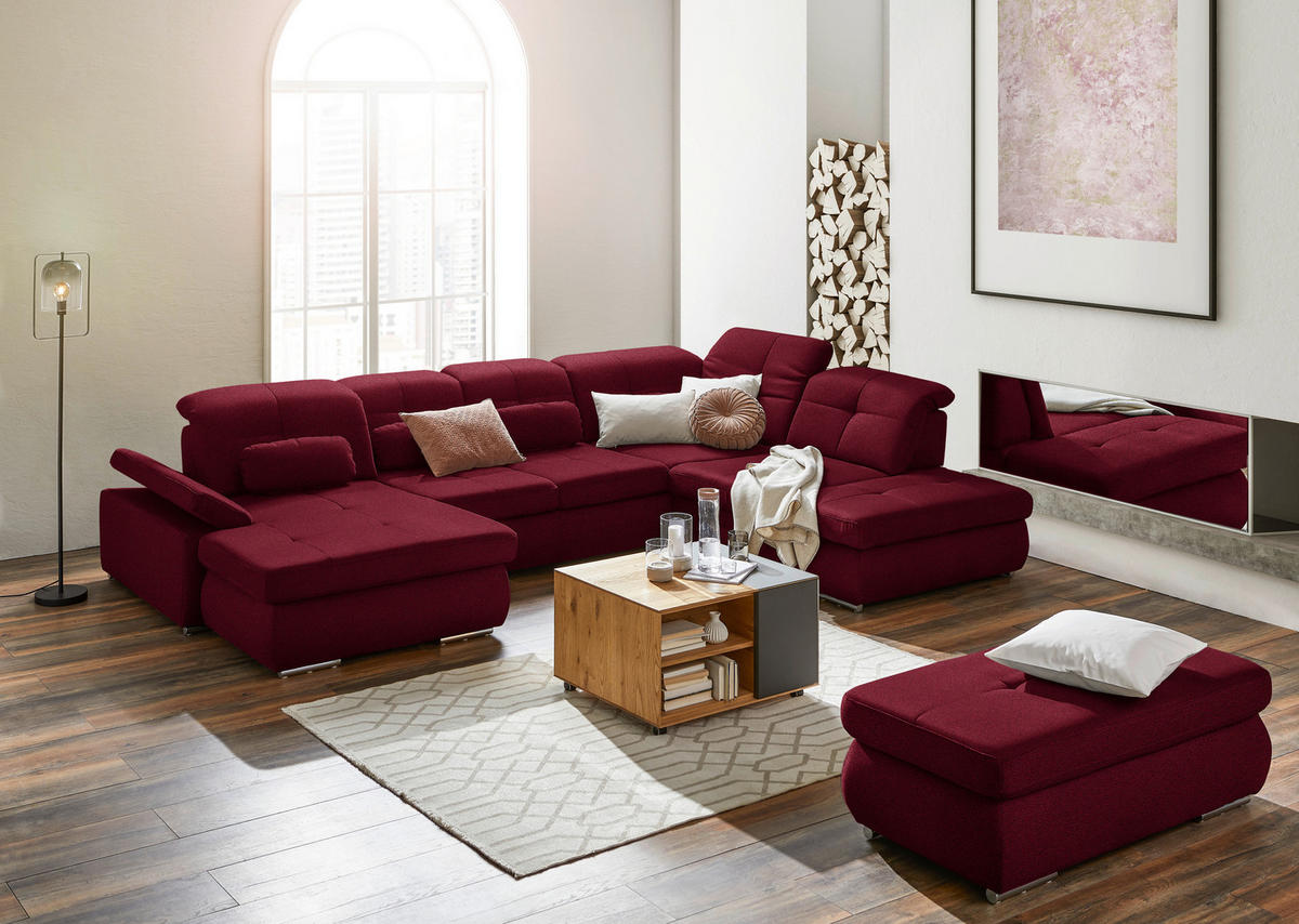 WOHNLANDSCHAFT  in Mikrofaser Weinrot  - Chromfarben/Weinrot, Design, Textil (195/371/260cm) - Beldomo Style