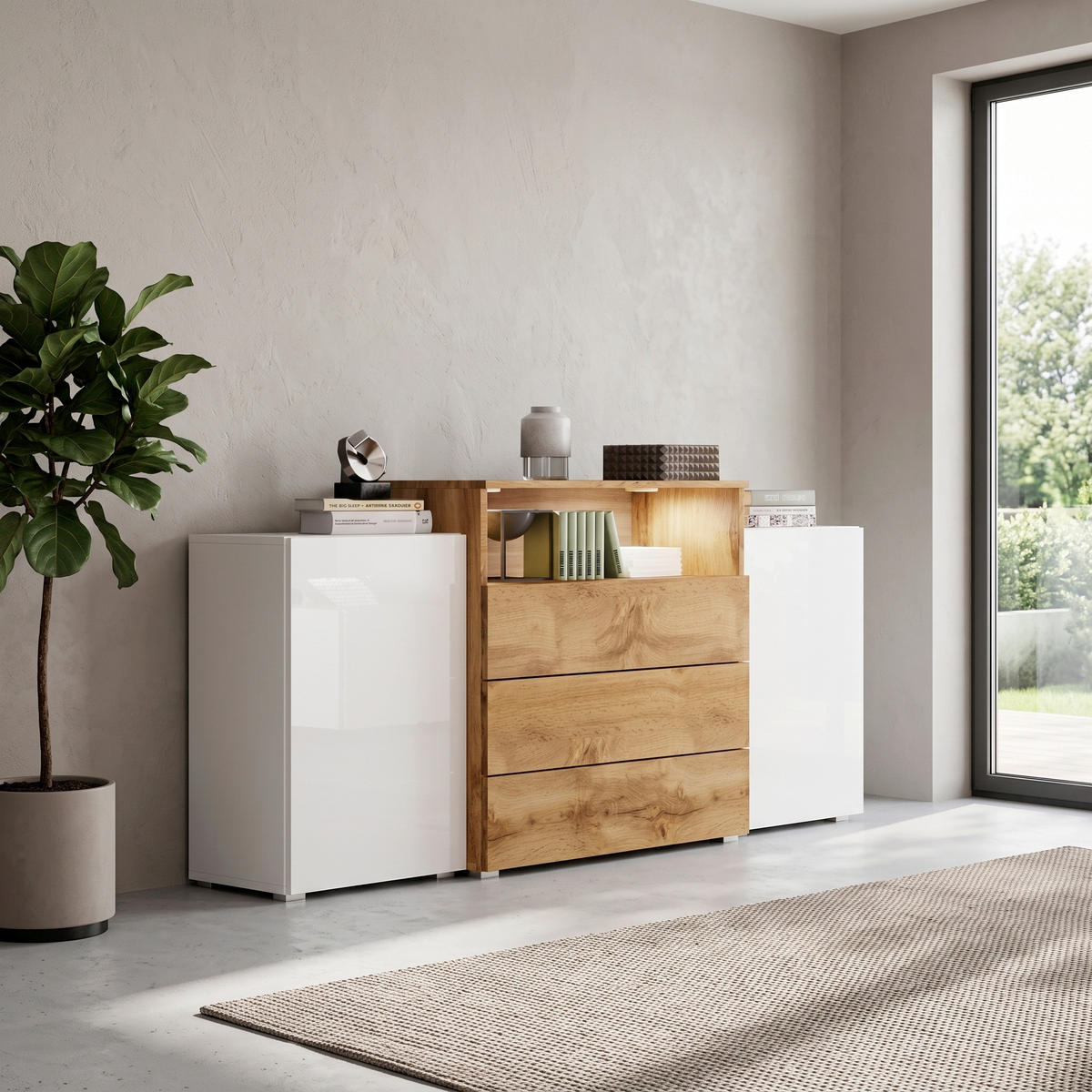 SIDEBOARD Urban 150/80,7/39 cm 3 Schublade(n)  - Weiß Hochglanz/Eiche Wotan, LIFESTYLE, Holzwerkstoff/Kunststoff (150/80,7/39cm) - P & B