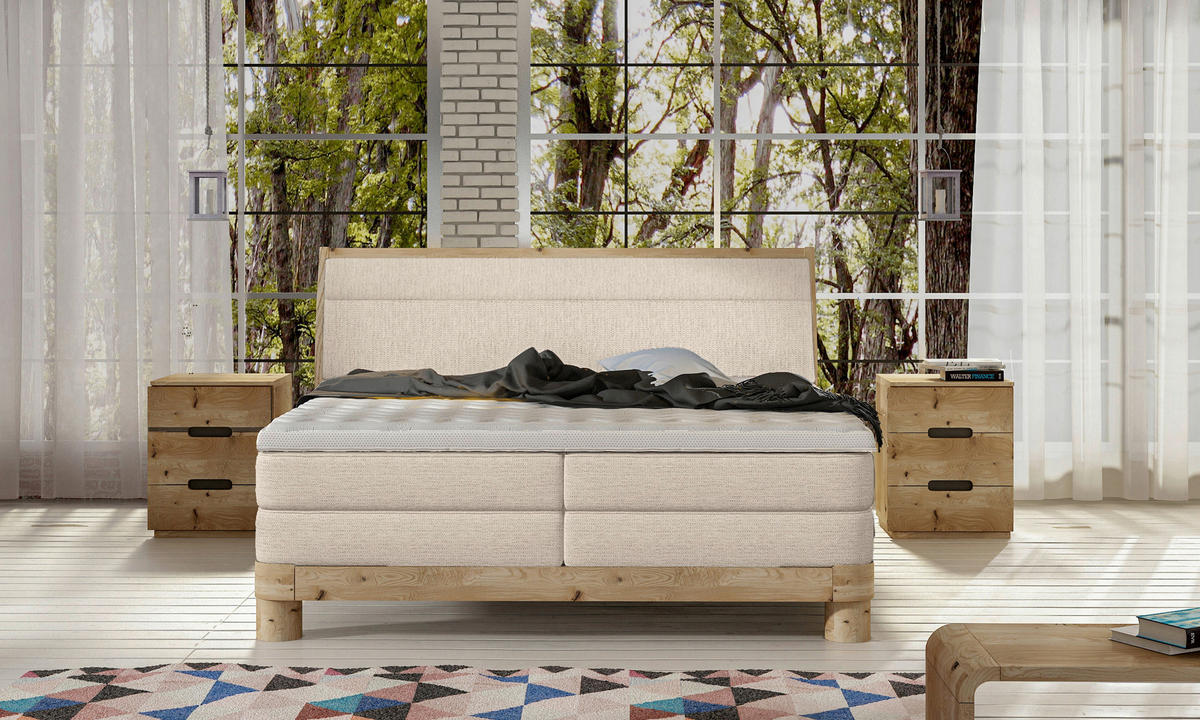 BOXSPRINGBETT 160/200 cm,  in Beige, gepolstertes Kopfteil, Topper, Matratzen, H3 + H3 = fest  - Eichefarben/Beige, Natur, Holz/Textil (160/200cm) - Valnatura