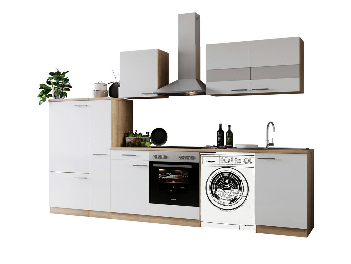 KÜCHENBLOCK 310 cm   in Weiß  - Edelstahlfarben/Eichefarben, Basics, Glas/Holzwerkstoff (310cm) - Respekta