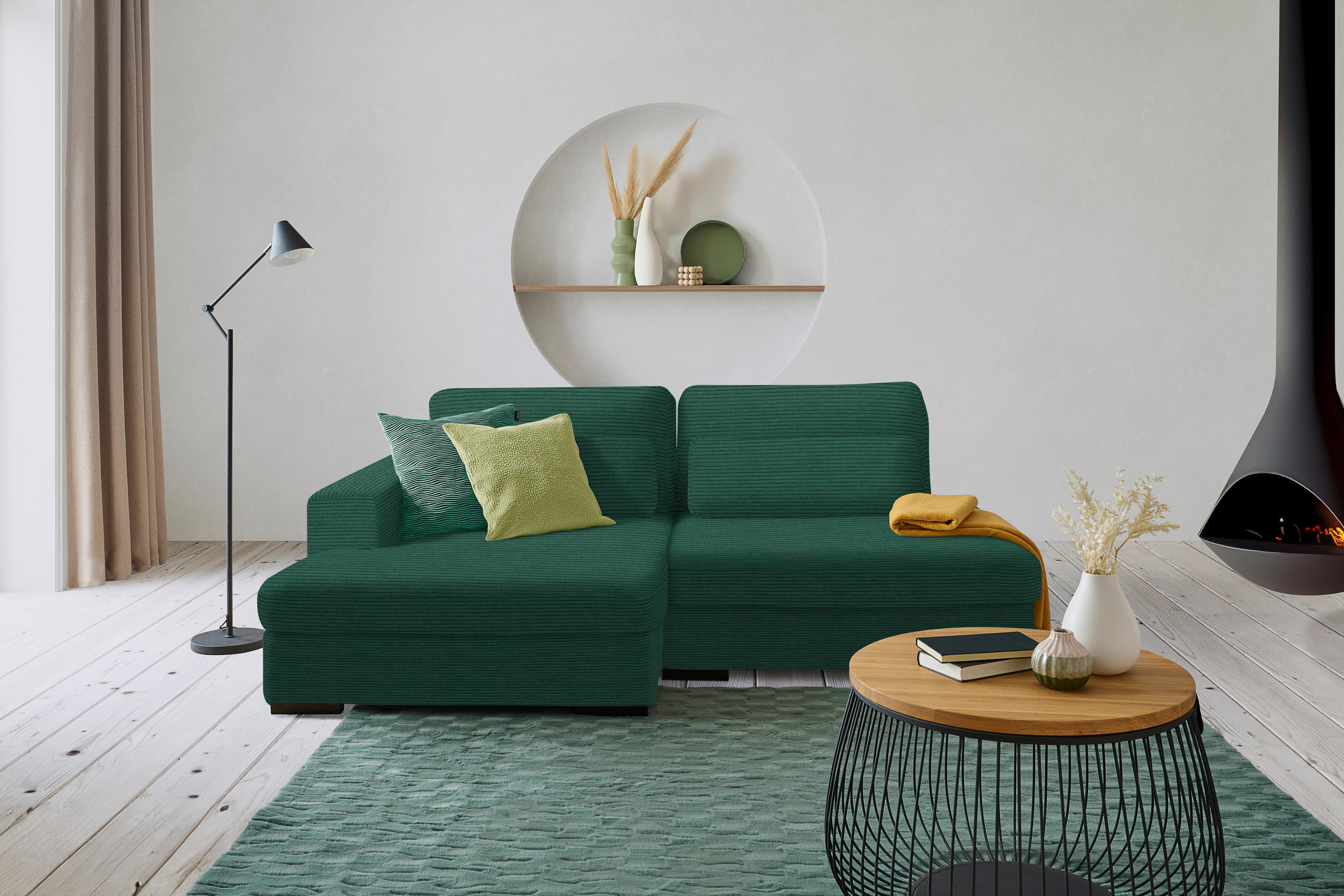 ECKSOFA in Cord, Velours Waldgrün  - Waldgrün/Schwarz, Design, Kunststoff/Textil (158/223cm) - Lomoco