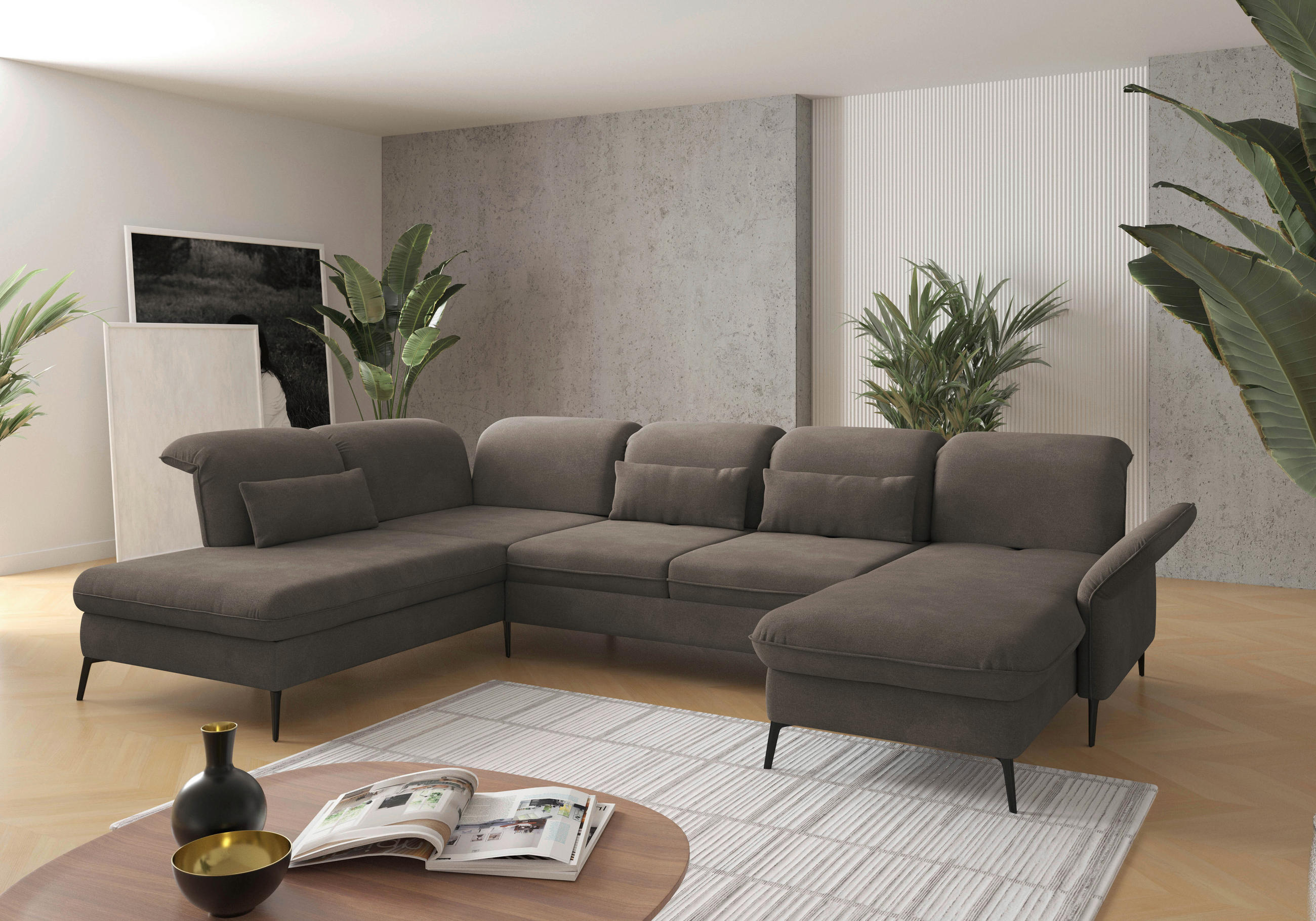 WOHNLANDSCHAFT in Flachgewebe Schlammfarben  - Schlammfarben/Schwarz, Konventionell, Textil/Metall (231/359/198cm) - Sit & More
