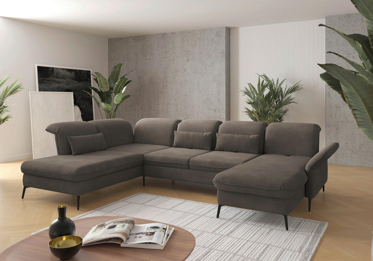 WOHNLANDSCHAFT Schlammfarben Flachgewebe  - Schlammfarben/Schwarz, KONVENTIONELL, Textil/Metall (231/359/198cm) - Sit & More
