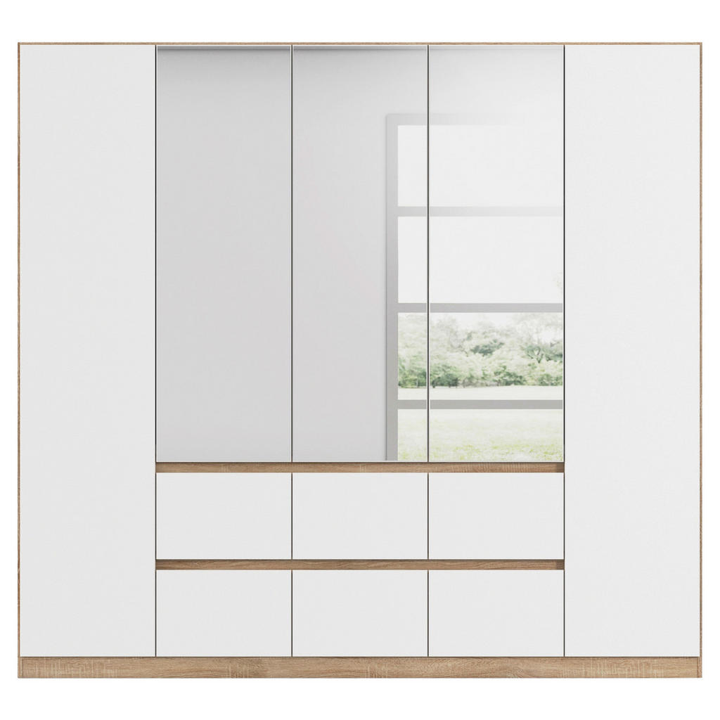 Thumbnail - Rauch Möbel Drehtürenschrank, Weiß, Eiche, Holzwerkstoff, 3 Fächer, 6 Schubladen, 226x210x54 cm, Blauer Engel, Goldenes ...