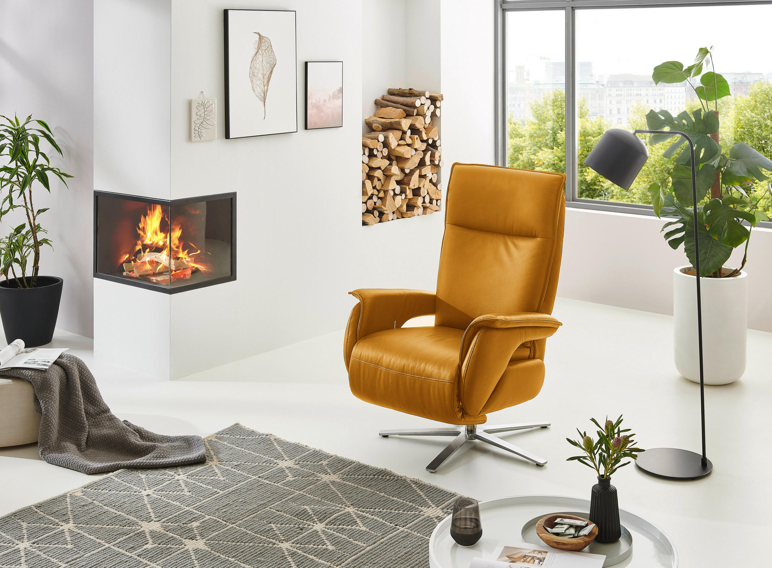 RELAXSESSEL in Leder Currygelb  - Currygelb/Edelstahlfarben, Modern, Leder/Metall (77/116/80cm) - Livetastic