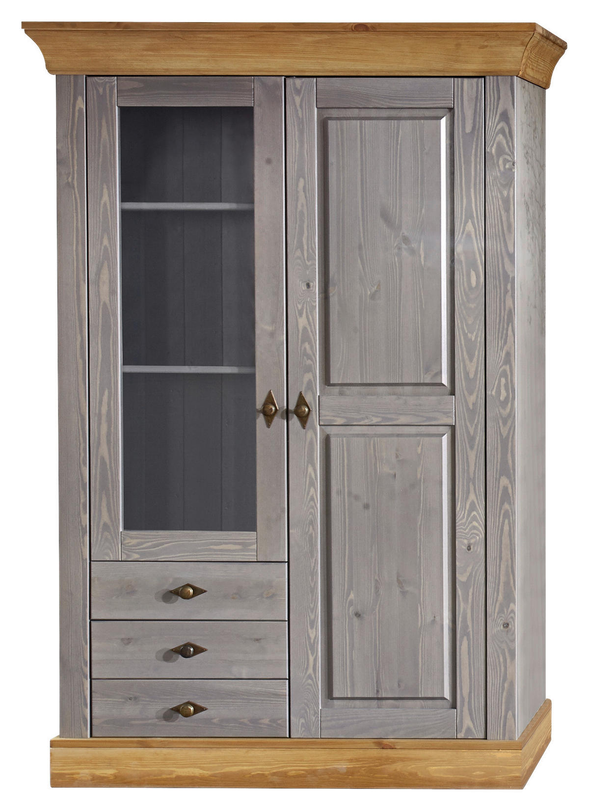 VITRINE in massiv Kiefer Laugenfarbig, Grau  - Laugenfarbig/Grau, ROMANTIK / LANDHAUS, Glas/Holz (108/163/45cm) - Boxxx