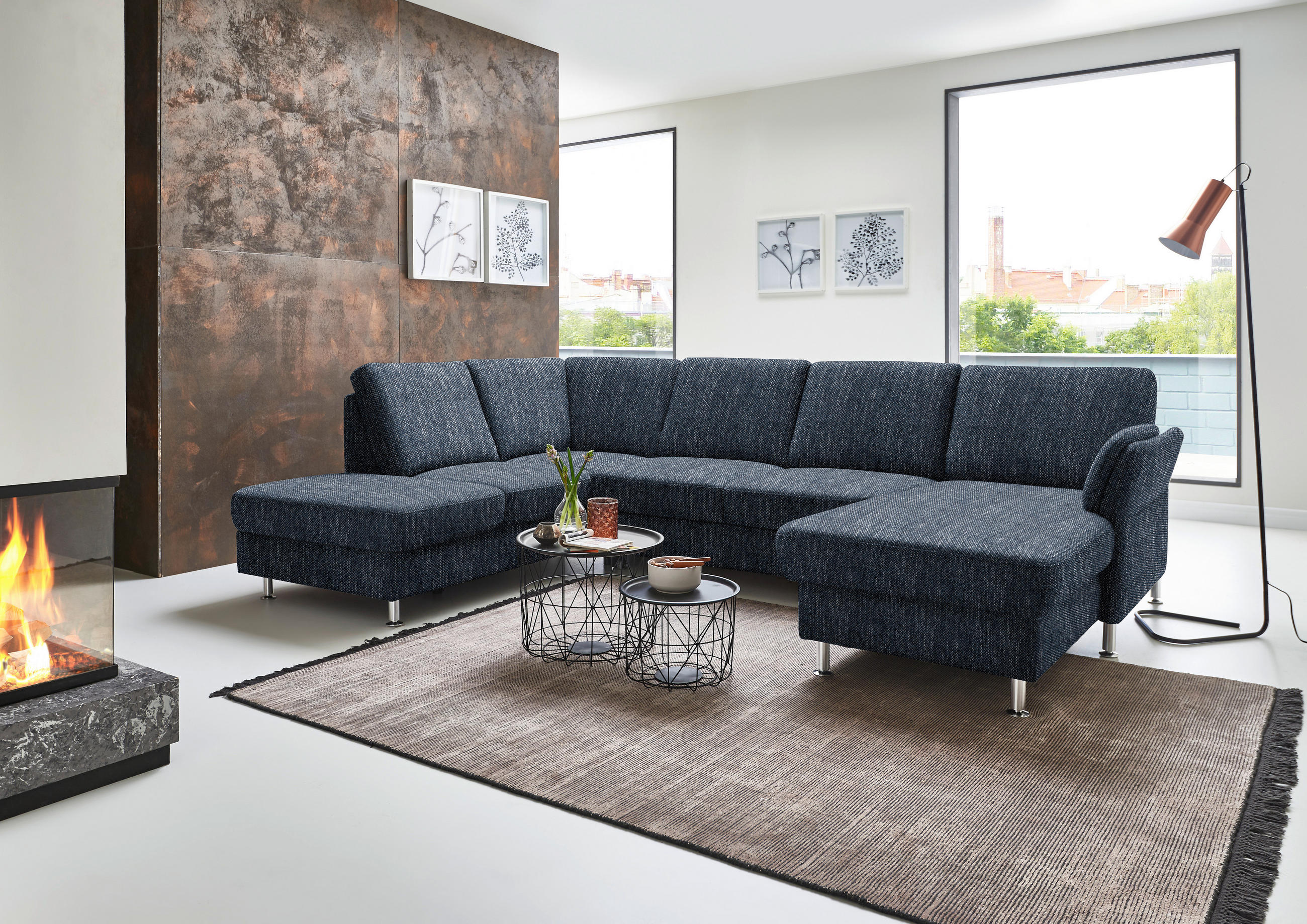 WOHNLANDSCHAFT in Flachgewebe Dunkelblau  - Chromfarben/Dunkelblau, Konventionell, Textil/Metall (200/305/168cm) - Beldomo System