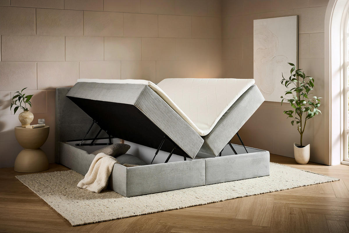 BOXBETT 180/200 cm,  in Hellgrau, Kissen, Bettkasten, Topper, H3 + H3 = fest  - Hellgrau/Schwarz, Design, Kunststoff/Textil (180/200cm) - Chameo