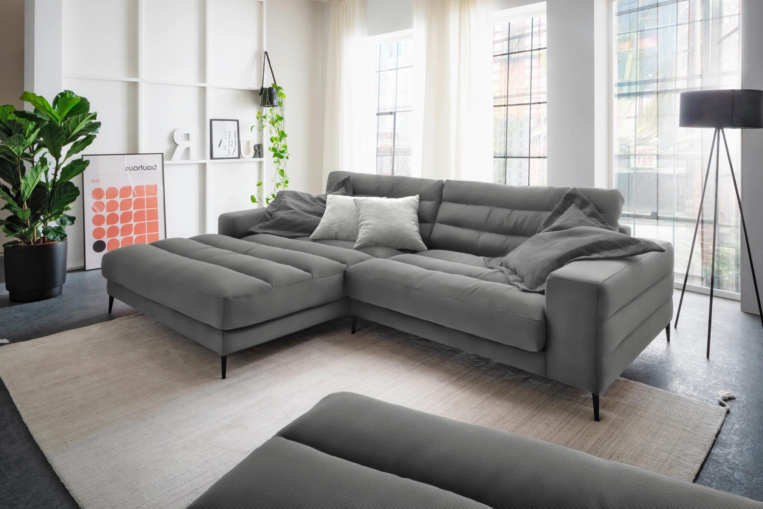 ECKSOFA in Cord Grau  - Schwarz/Grau, Design, Textil/Metall (207/296cm) - Dieter Knoll