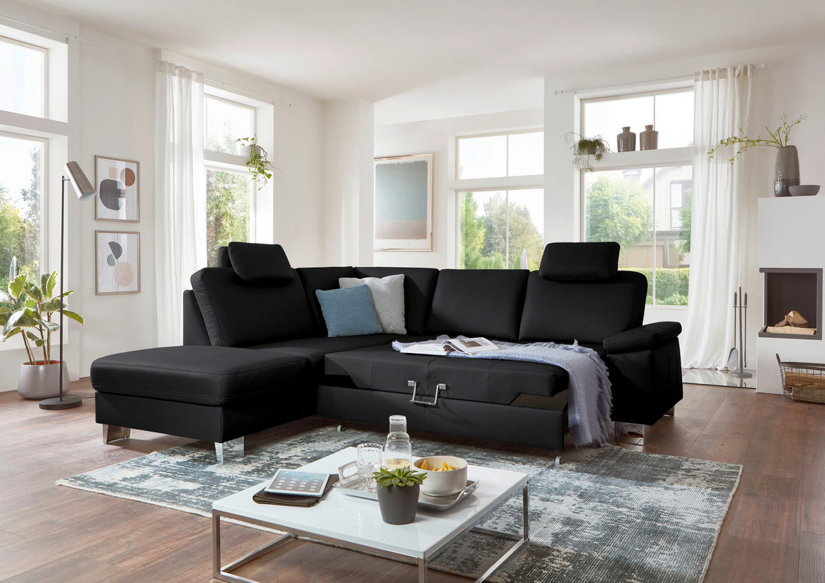 ECKSOFA  in Echtleder Schwarz  235/248 cm  - Alufarben/Schwarz, Design, Leder/Metall (235/248cm) - Beldomo Premium