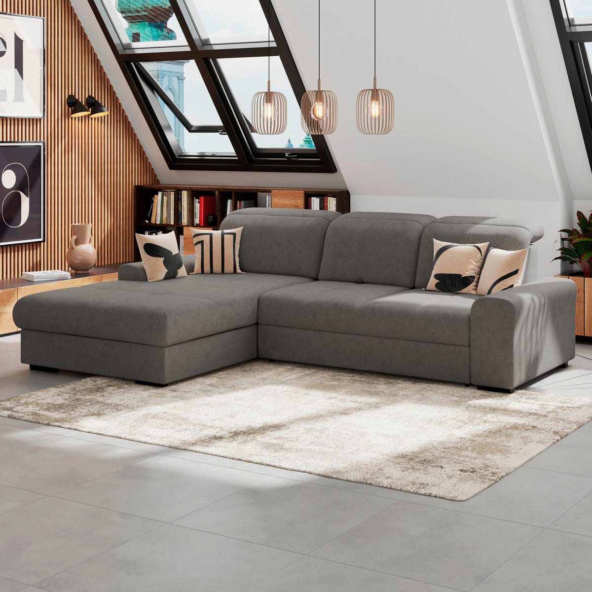 ECKSOFA Anthrazit Chenille Rücken echt, Kopfteilverstellung  - Anthrazit/Schwarz, KONVENTIONELL, Holz/Textil (203/286cm) - MID.YOU