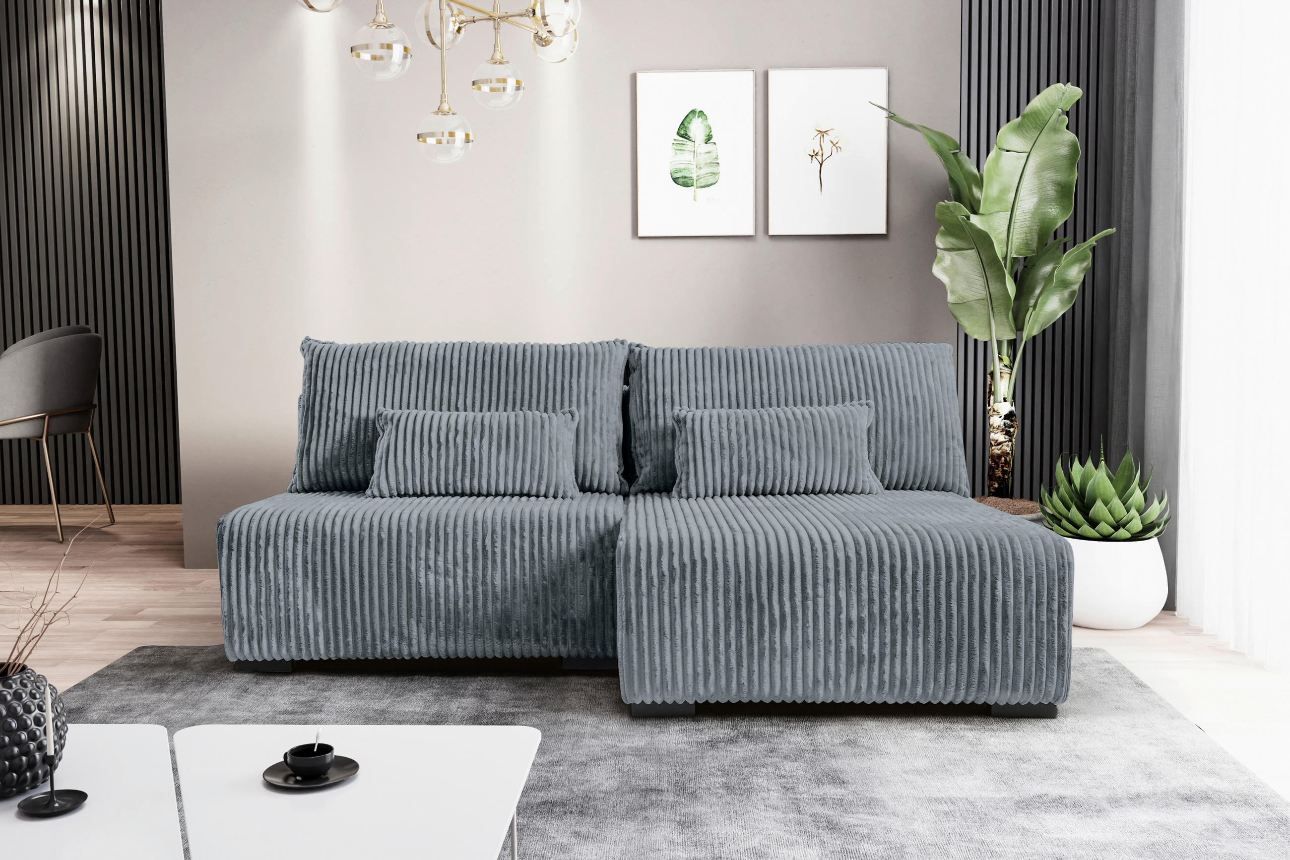 ECKSOFA in Cord Grau  - Schwarz/Grau, Modern, Holz/Textil (210/145cm) - MID.YOU