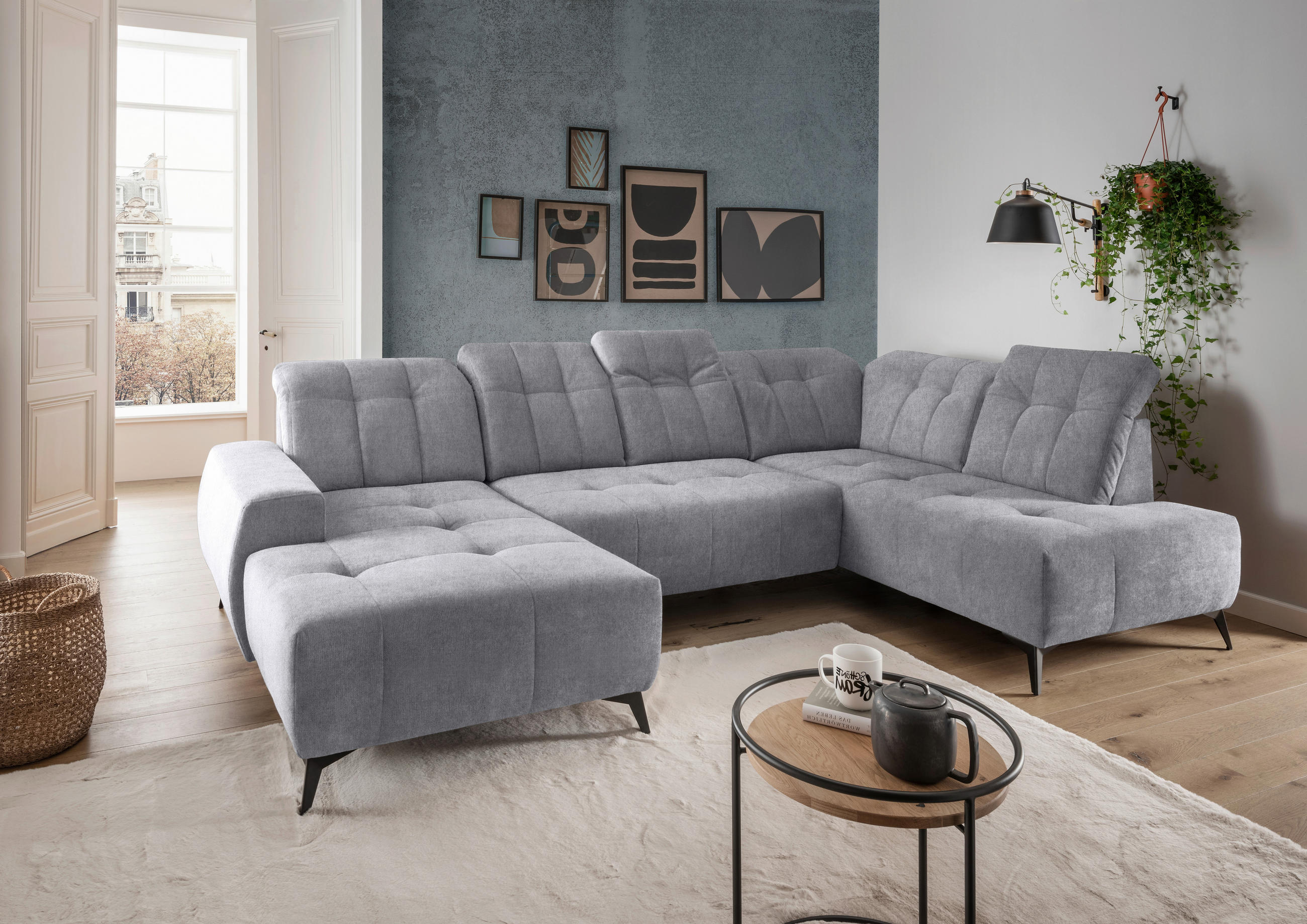 WOHNLANDSCHAFT in Mikrofaser Hellgrau  - Hellgrau/Schwarz, Modern, Textil/Metall (180/337/200cm) - Livetastic