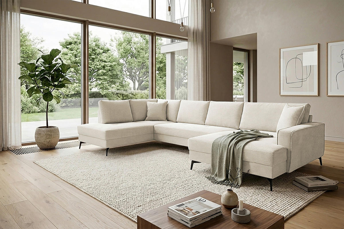 WOHNLANDSCHAFT ZERO Creme Cord  - Creme/Schwarz, Trend, Textil/Metall (195/362/173cm) - Livetastic