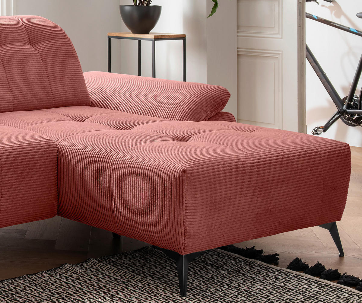 ECKSOFA FIORE in Cord Koralle Kopfteilverstellung, Sitzvorzug  280/180 cm  - Koralle/Schwarz, MODERN, Textil/Metall (280/180cm) - Livetastic