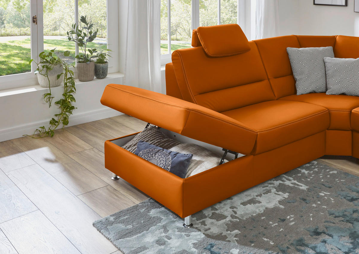 ECKSOFA in Echtleder Orange  - Beige/Alufarben, Design, Leder/Metall (249/288cm) - Beldomo Premium
