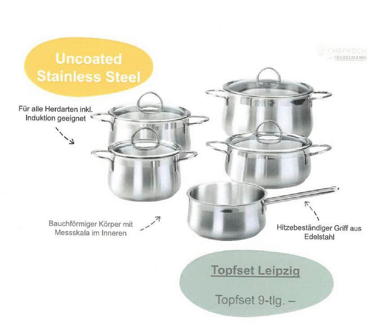 SADA HRNCOV,  5-dielne - číra/farba ušľachtilej ocele, Basics, kov/sklo - Chefkoch+Fackelmann