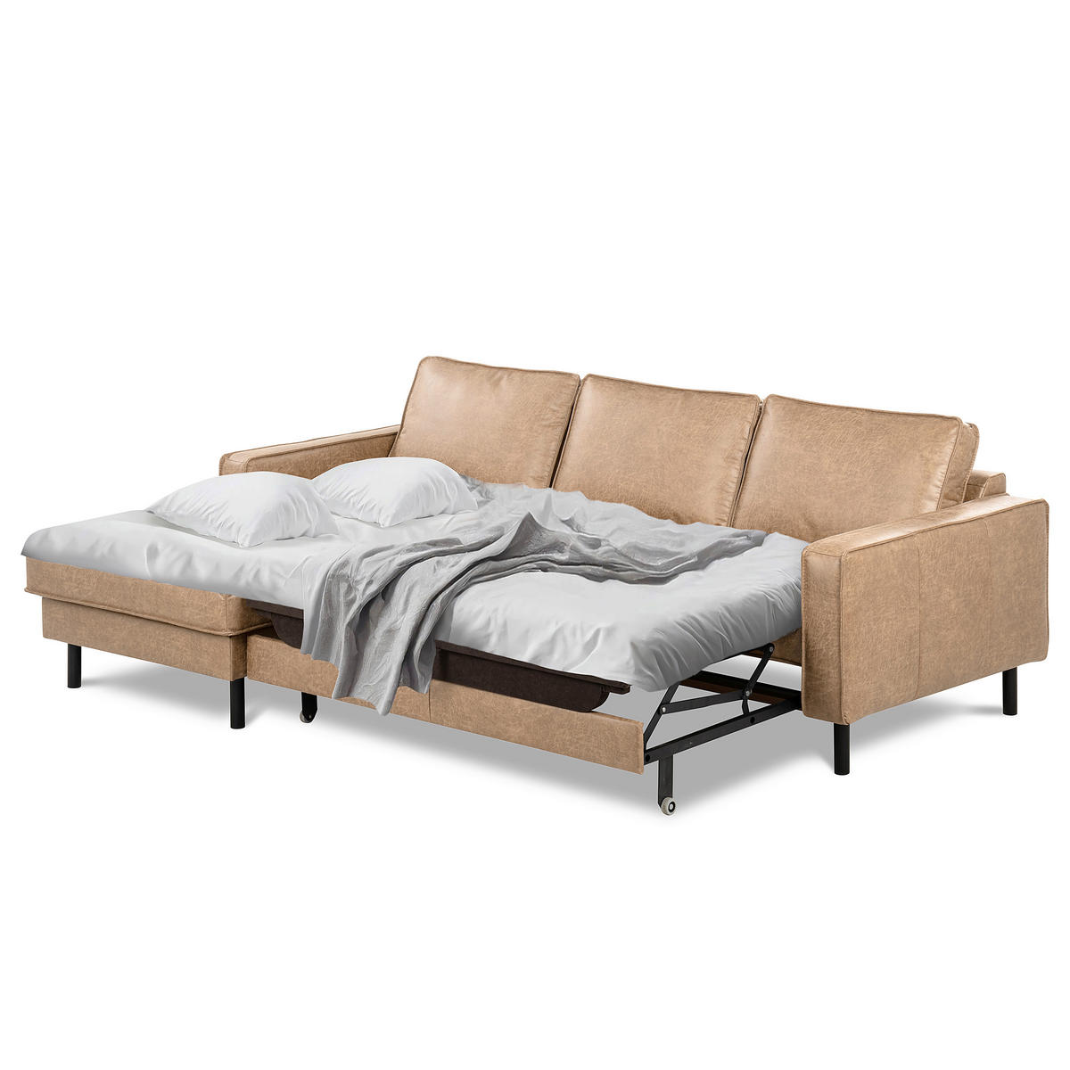 ECKSOFA Sandfarben Echtleder Lederlook Bettkasten, Schlaffunktion, Rücken echt  - Sandfarben/Schwarz, Design, Leder/Textil (166/238cm) - Livetastic