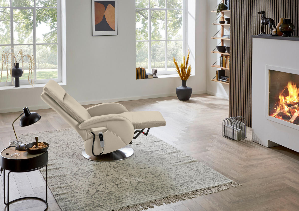 RELAXSESSEL in Leder Creme  - Edelstahlfarben/Creme, Design, Leder/Metall (70/108/80cm) - Cantus