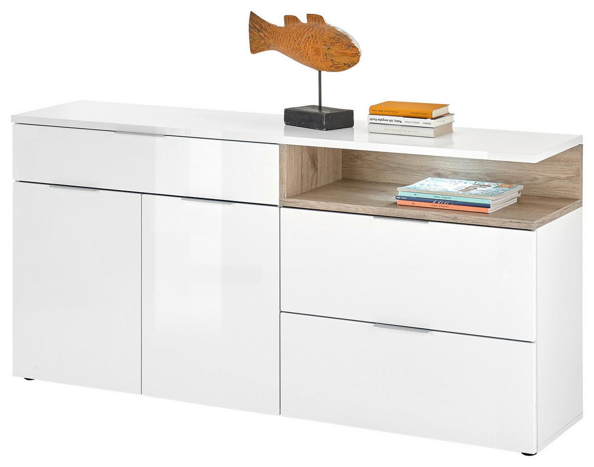 ŠIROKÁ KOMODA, farba duba, biela s vysokým leskom, 165/80/38 cm - čierna/biela s vysokým leskom, Basics, kompozitné drevo/plast (165/80/38cm)