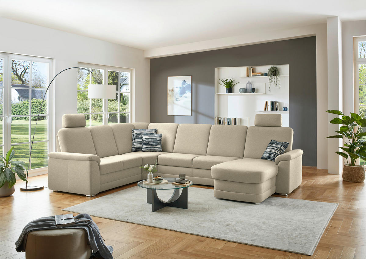 WOHNLANDSCHAFT  in Chenille Sandfarben  - Sandfarben/Alufarben, KONVENTIONELL, Holz/Textil (235/329/160cm) - Beldomo Comfort