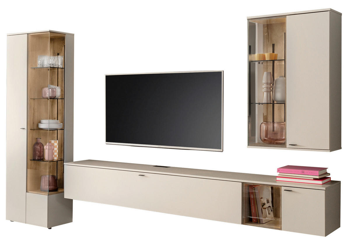 WOHNWAND  Weiss, Eichefarben 320/208/43 cm  - Weiss/Eichefarben, Design, Glas/Holz (320/208/43cm) - Venjakob