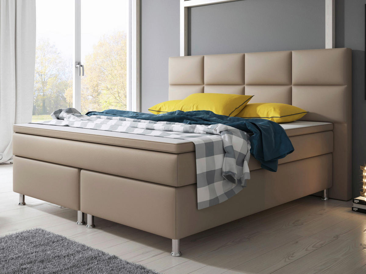 BOXSPRINGBETT  in Cappuccino, Matratze, gepolstertes Kopfteil, Topper, Matratzen, H3 + H3 = fest  - Silberfarben/Cappuccino, KONVENTIONELL, Leder/Textil (200/125/210cm) - MID.YOU