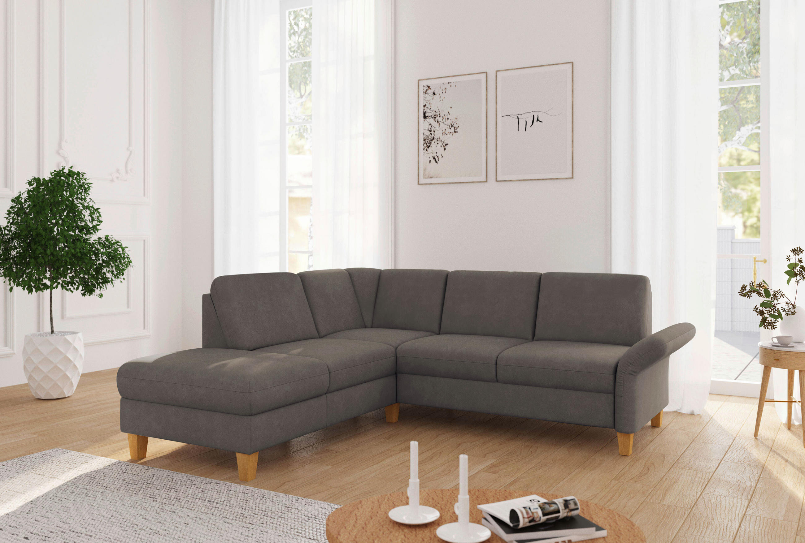 ECKSOFA ROCHELLE E Schlammfarben Flachgewebe  - Schlammfarben/Eichefarben, KONVENTIONELL, Holz/Textil (216/240cm) - Sit & More