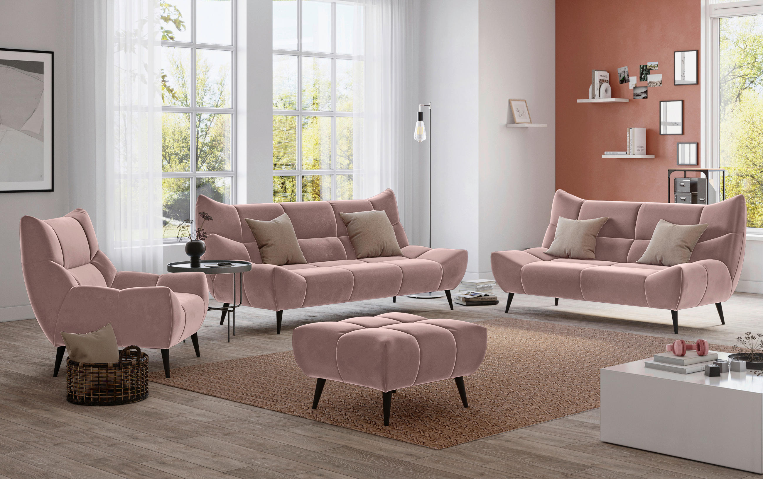 3-SITZER-SOFA in Mikrofaser Altrosa  - Schwarz/Altrosa, Design, Textil/Metall (222/106/99cm) - Xora
