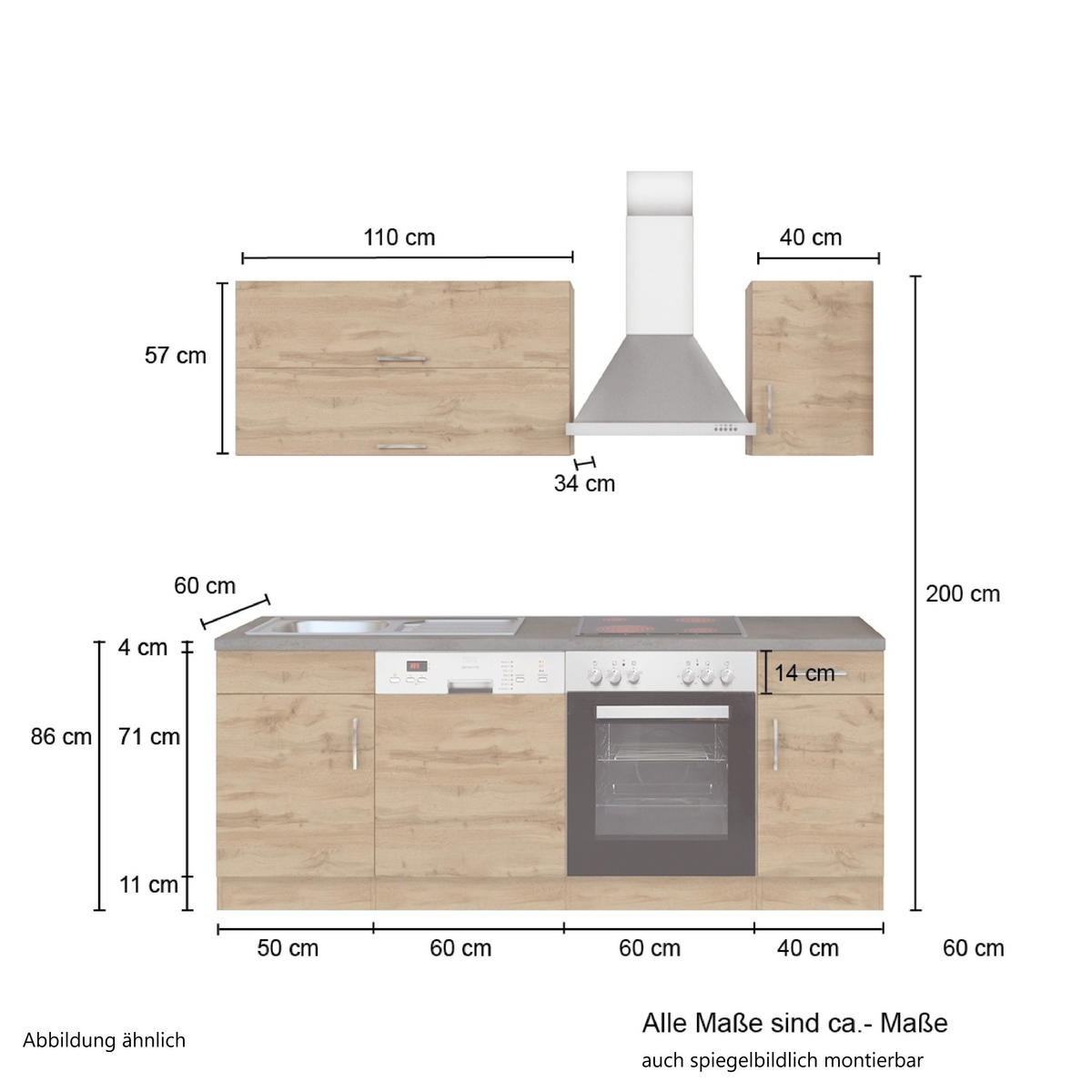 KÜCHENBLOCK 210 cm   in Anthrazit, Eiche Wotan  - Chromfarben/Anthrazit, MODERN, Holzwerkstoff/Metall (210cm) - Held