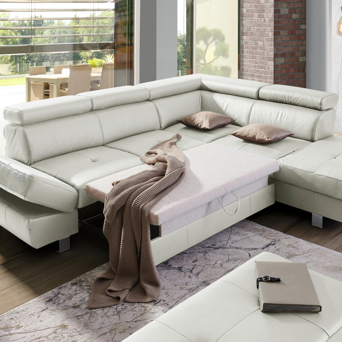 Ecksofa inkl. Funktion Grau Kombination Echtleder/Lederlook Lederlook  - Chromfarben/Grau, Design, Leder/Textil (265/212cm) - Stylife