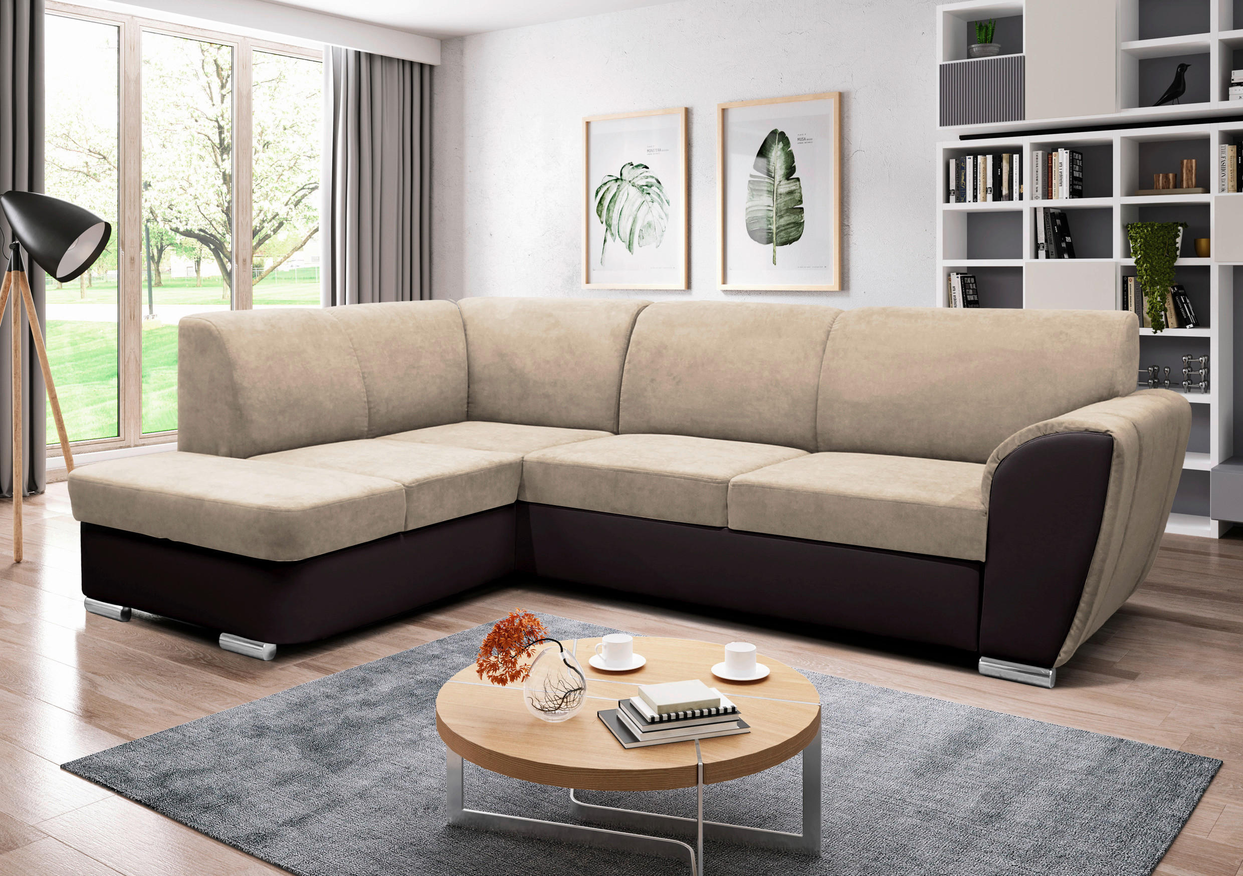 ECKSOFA in Velours Dunkelbraun, Beige  196/255 cm  - Dunkelbraun/Beige, Design, Kunststoff/Textil (196/255cm) - MID.YOU