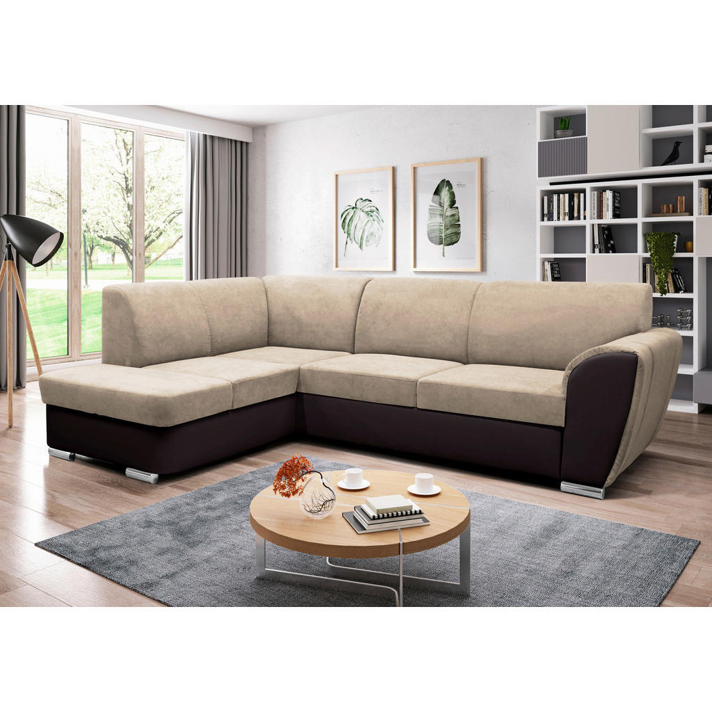 Thumbnail - Mid.you Ecksofa, Dunkelbraun, Beige, Textil, 3-Sitzer, Ottomane links, L-Form, 255x196 cm, Made in EU, Wohnzimmer, Sofas...