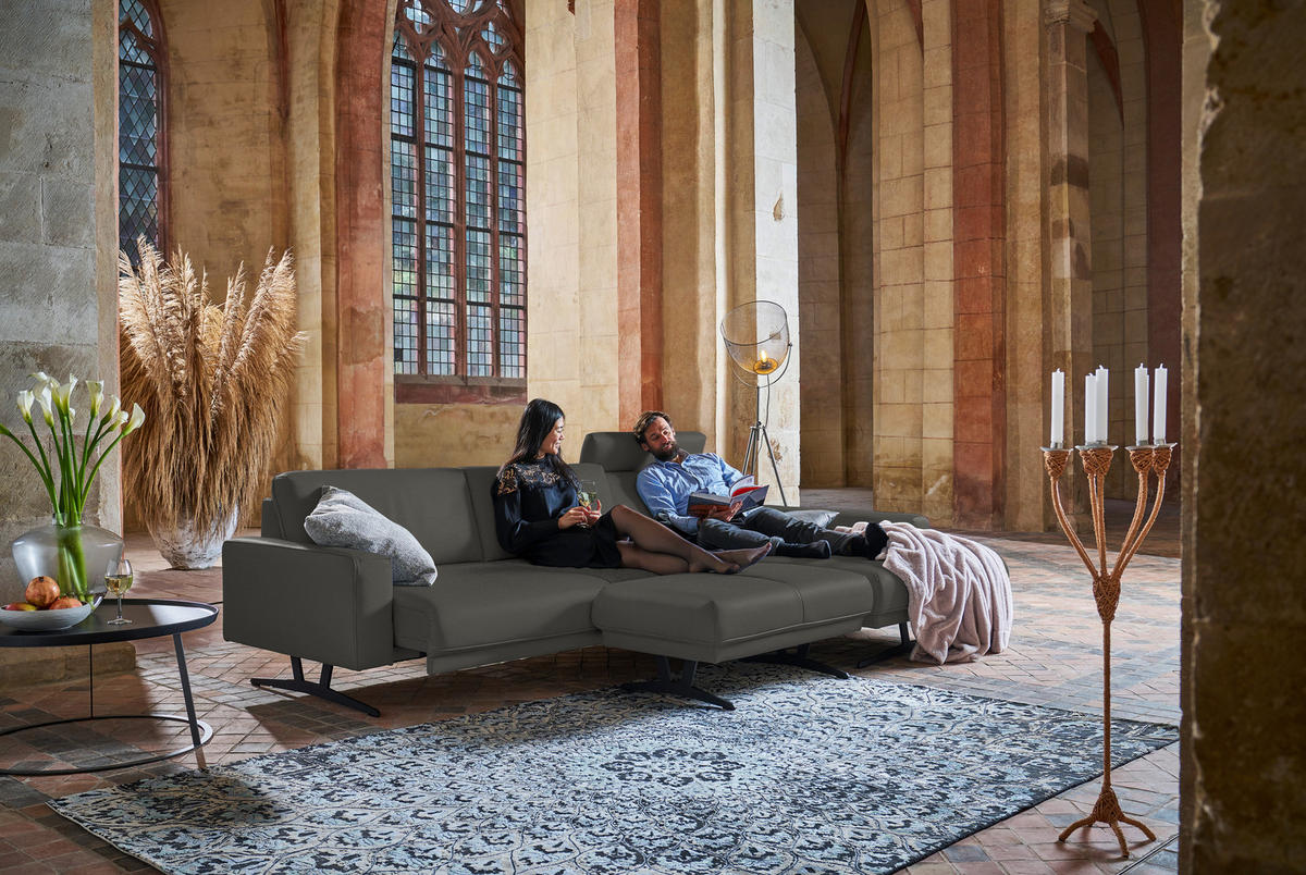 ECKSOFA in Echtleder Grau  324/179 cm  - Anthrazit/Grau, KONVENTIONELL, Leder/Metall (324/179cm) - Johann Jakob