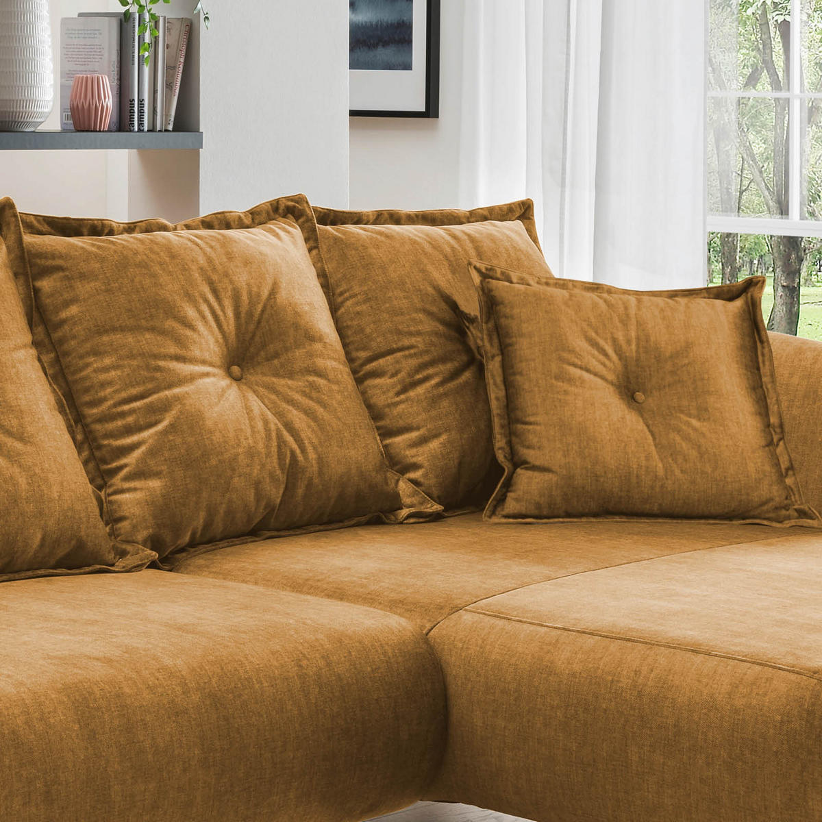ECKSOFA in Velours Gelb  - Gelb/Buchefarben, Modern, Holz/Textil (277/162cm) - Livetastic