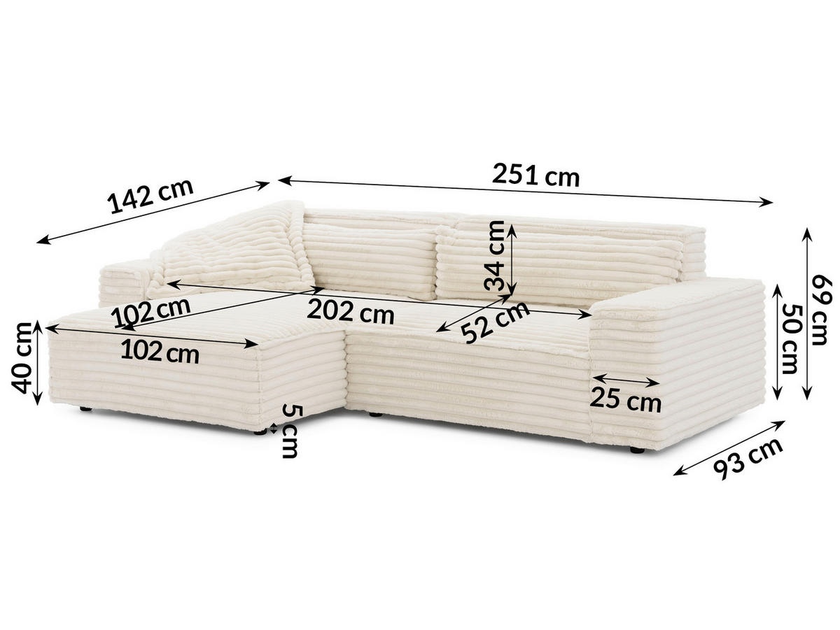 ECKSOFA Cord Beige  - Beige/Schwarz, Design, Kunststoff/Textil (251/142cm) - P & B