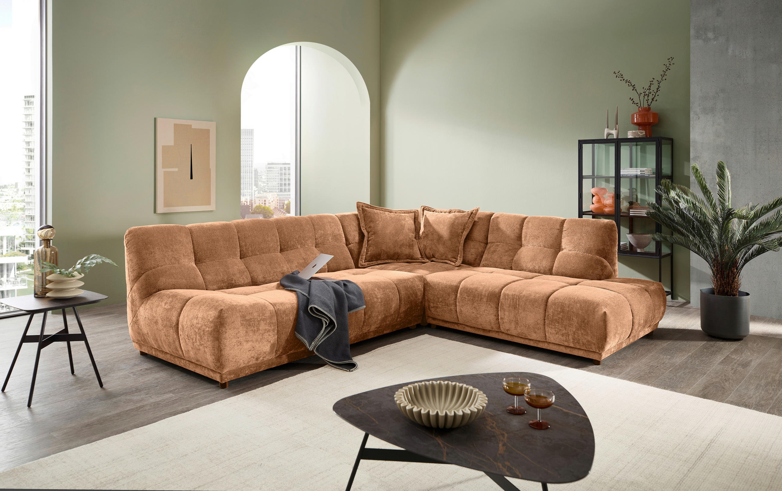 ECKSOFA ITALIA in Chenille Koralle  284/250 cm  - Koralle/Schwarz, MODERN, Kunststoff/Textil (284/250cm) - Livetastic
