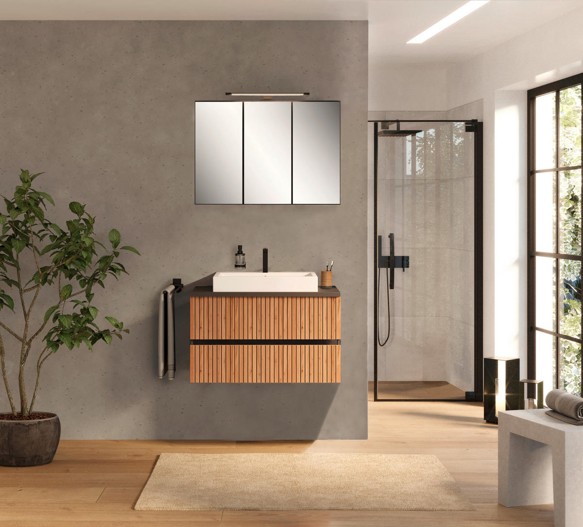 BADEZIMMER  in 90 cm  - Eiche Wotan/Graphitfarben, KONVENTIONELL, Glas/Keramik (90cm) - Xora