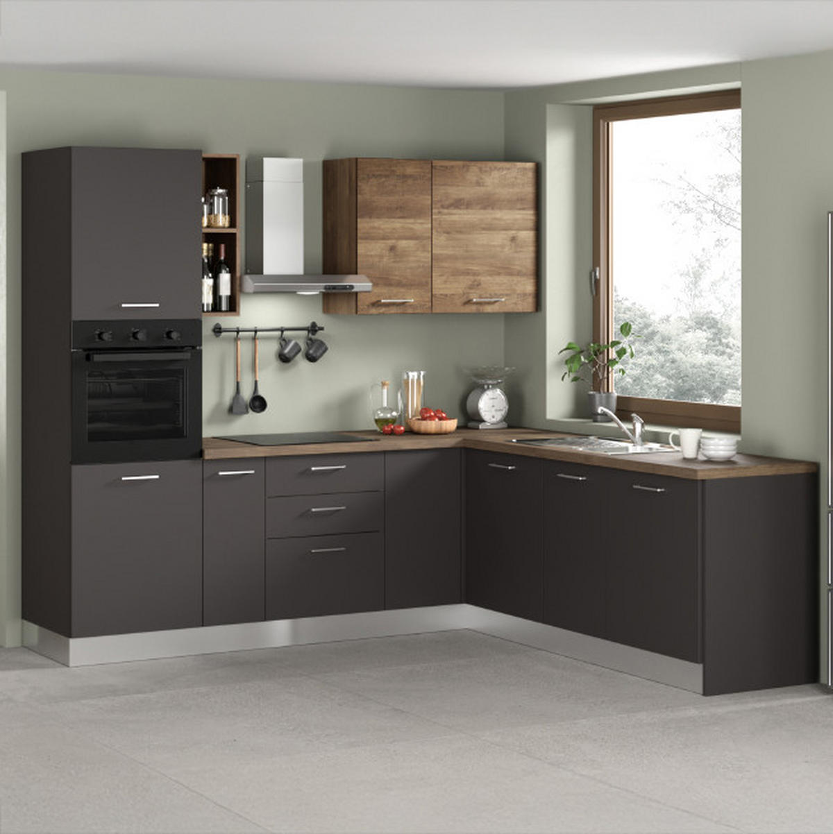 ECKKÜCHE 250/225 cm  in Grau, Walnussfarben  - Walnussfarben/Alufarben, LIFESTYLE, Holzwerkstoff/Kunststoff (250/225cm) - MID.YOU