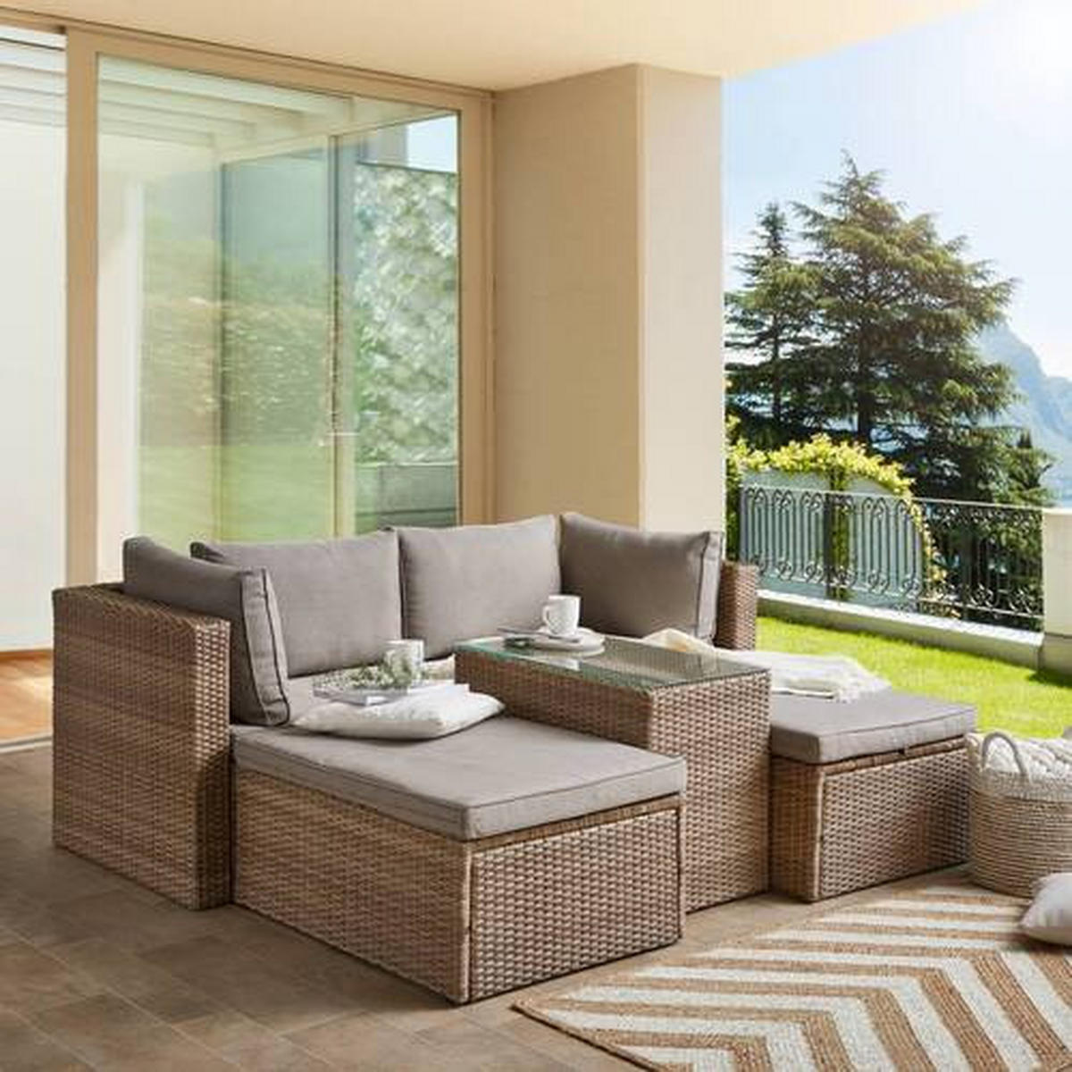 LOUNGEGARNITUR  - Braun/Grau, MODERN, Glas/Kunststoff - Ambia Garden